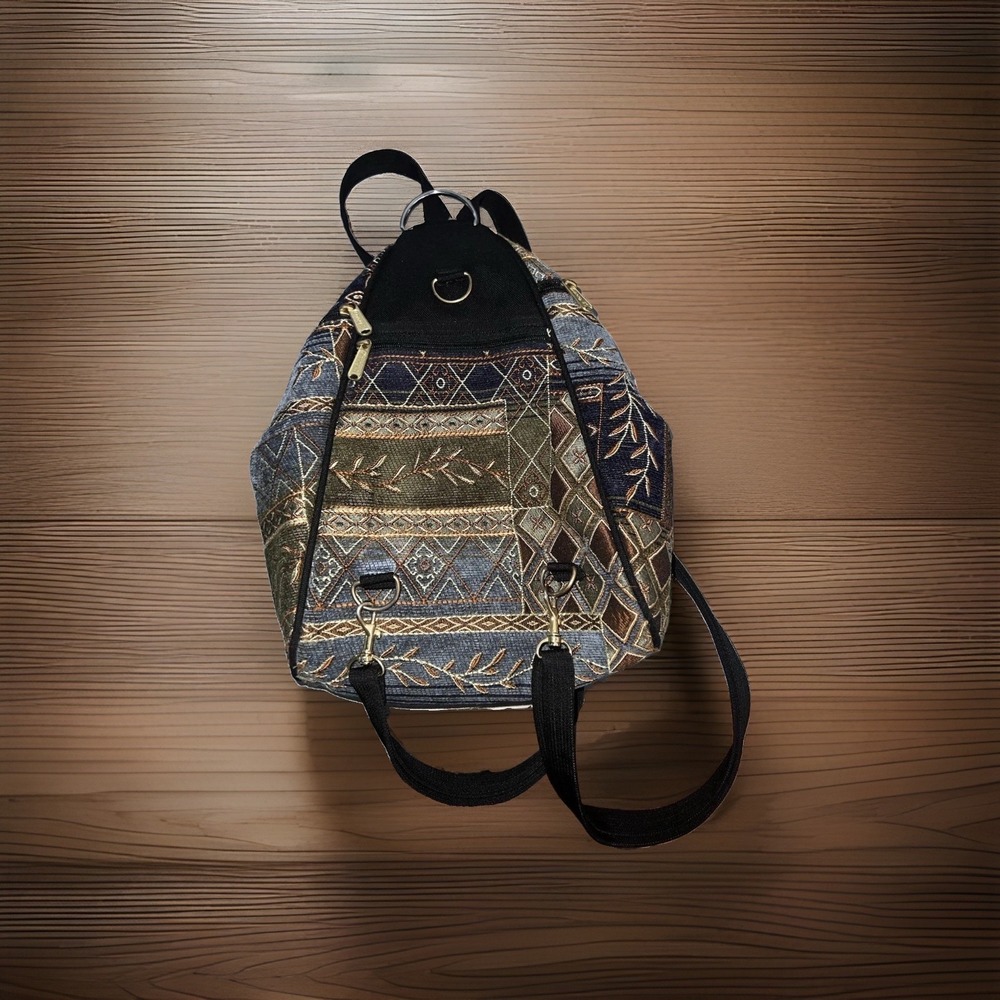 Vintage Tapestry Convertible Backpack Sling Bag Boho Geometric Woven Blue Brown